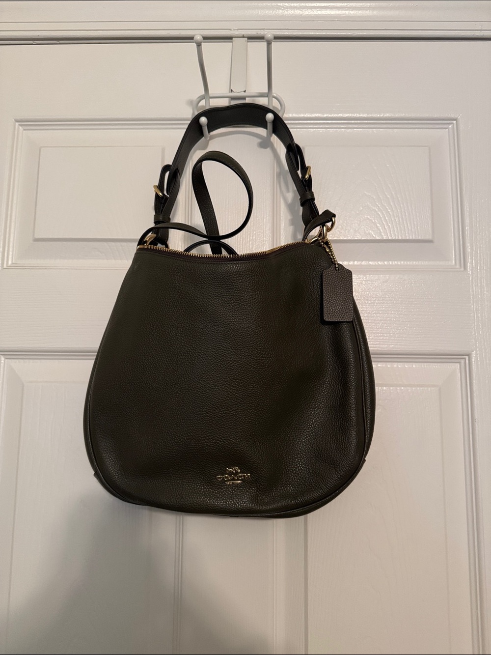 Coach Pebbled Leather Hobo Bag in Dark Olive Green with Black Strap